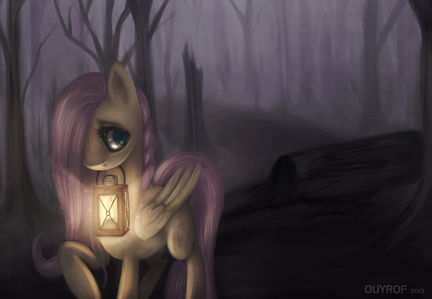 abstract_background cutie_mark equine female feral fluttershy_(mlp) friendship_is_magic fur green_eyes hair horse lantern mammal my_little_pony outside ouyrof pegasus pink_hair pony solo text tree wings yellow_fur