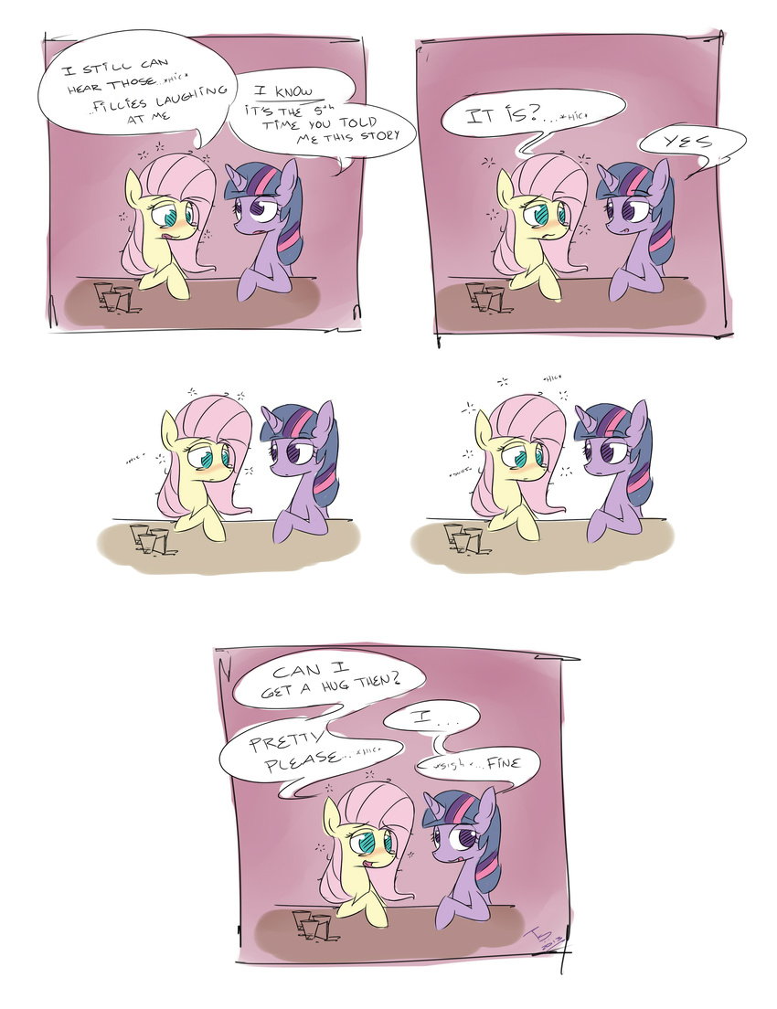 bar beverage blush comic dialog drink drunk duo english_text equine female feral fluttershy_(mlp) friendship_is_magic fur glass green_eyes hair horn horse mammal multi-colored_hair my_little_pony open_mouth pegasus pink_hair pony purple_eyes purple_hair sitting smile spill taco-slayer text tongue twilight_sparkle_(mlp) unicorn wings yellow_fur