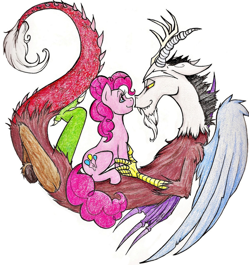 antler antlers cutie_mark discord_(mlp) draconequus duo equine female feral friendship_is_magic fur hair horn horse male mammal my_little_pony pink_fur pink_hair pinkie_pie_(mlp) pony red_eyes theholidays