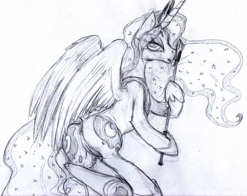 black_and_white butt buttercup_saiyan cutie_mark equine female feral friendship_is_magic horn horse licking looking_at_viewer looking_back mammal monochrome my_little_pony pony presenting presenting_hindquarters presenting_pussy princess_luna_(mlp) pussy sketch solo tongue tongue_out winged_unicorn wings