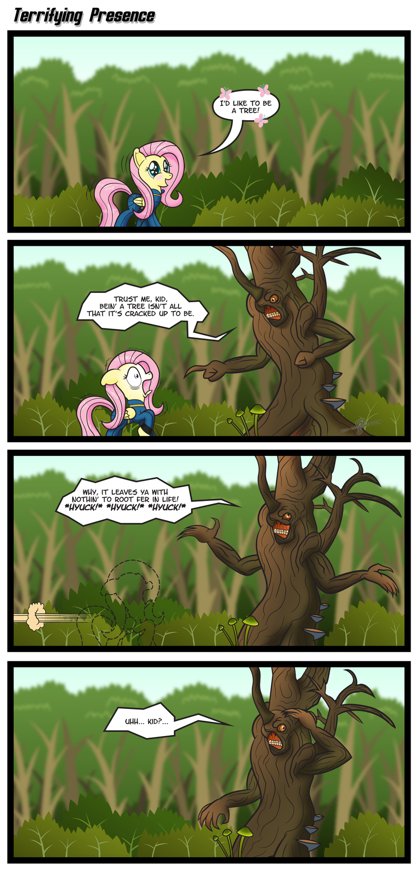bushes butterflys claws clothing comic crossover dialog duo dust english_text equine fallout_3 female feral fingers fluttershy_(mlp) forest friendship_is_magic fur gray--day green_eyes hair harms harold horse hybrid jumpsuit long_hair madmax male mammal mushroom mushrooms my_little_pony noise_holes open_mouth outline outside pegasus pink_hair pony sky teeth text tree video_games what_has_science_done wings wood yellow_fur