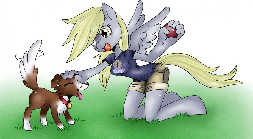anthrofied canine clothed clothing demonnyou derpy_hooves_(mlp) dog equine eyes_closed female feral friendship_is_magic mammal my_little_pony pegasus playing wings