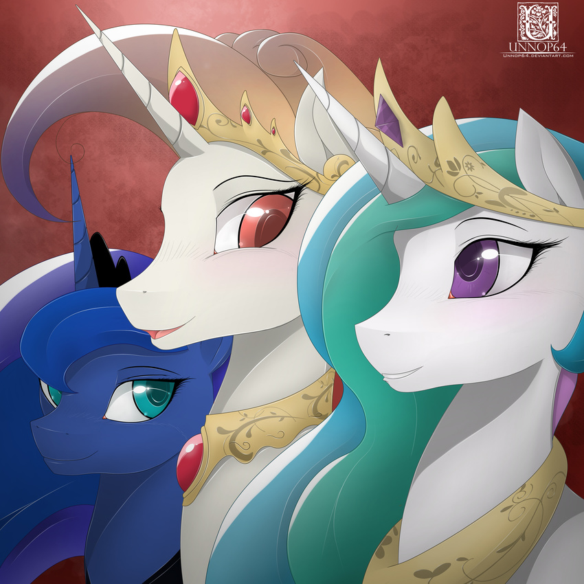 absurd_res blue_eyes blue_hair crown equine female feral friendship_is_magic group hair hi_res horn horse long_hair mammal multi-colored_hair my_little_pony open_mouth pony princess princess_celestia_(mlp) princess_luna_(mlp) purple_eyes royalty tongue unnop64