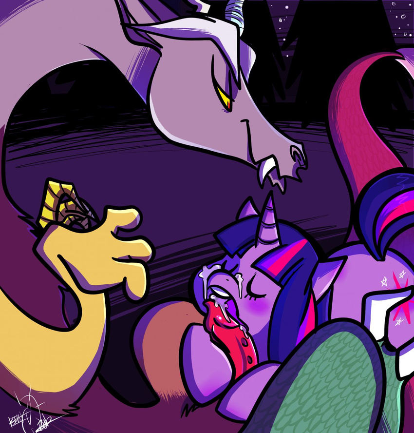 blush cutie_mark discord_(mlp) draconequus duo equine eyes_closed female feral friendship_is_magic hi_res horn horse male mammal my_little_pony penis pony red_eyes rougefetus signature straight twilight_sparkle_(mlp) unicorn