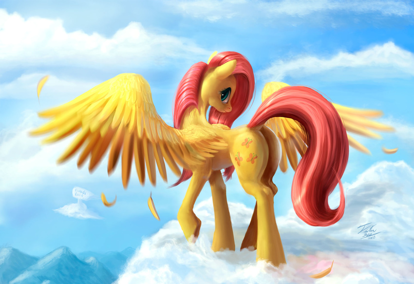 english_text equine feathers female feral fluttershy_(mlp) friendship_is_magic fur hair horse looking_at_viewer looking_back mammal my_little_pony pegasus pink_hair pony sky solo text tsitra360 wings yellow_fur
