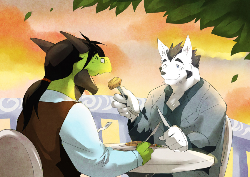 anthro balcony black_hair black_horns black_scales blue_eyes canine chair claws clothing couple date dinner dog drag_(character) dragon eating feeding food fork fur green_dragon green_scales green_skin hair horn husky knife kokuhane langdon langdon_marston leaves male mammal meat open_mouth outside paws plate ponytail reptile scalie sitting sky smile steak suit table tree twilight