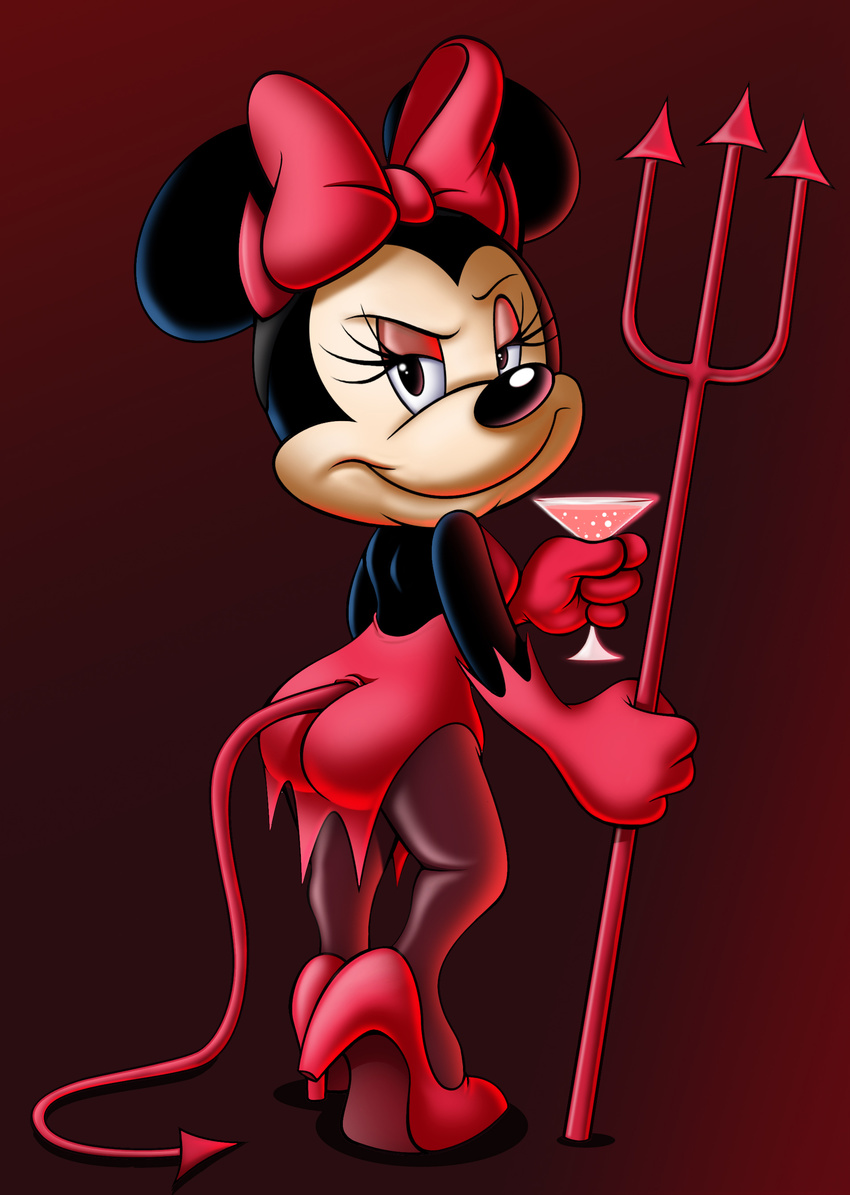 anthro backless beverage bow breasts butt chadrocco cocktail cute demon demon_hornshair_ribbon disney female gradient_background hi_res high_heels looking_at_viewer looking_back mammal minnie_mouse naughty_face pose rodent side_boob smile solo spade_tail tail_clothing