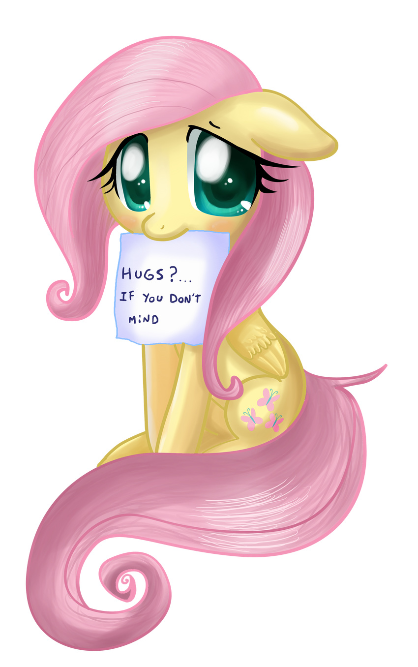 cute cutie_mark english_text equine female feral fluttershy_(mlp) friendship_is_magic fur green_eyes hair horse mammal my_little_pony note paper pegasus pink_hair plain_background pony pose pridark sitting solo text wings yellow_fur