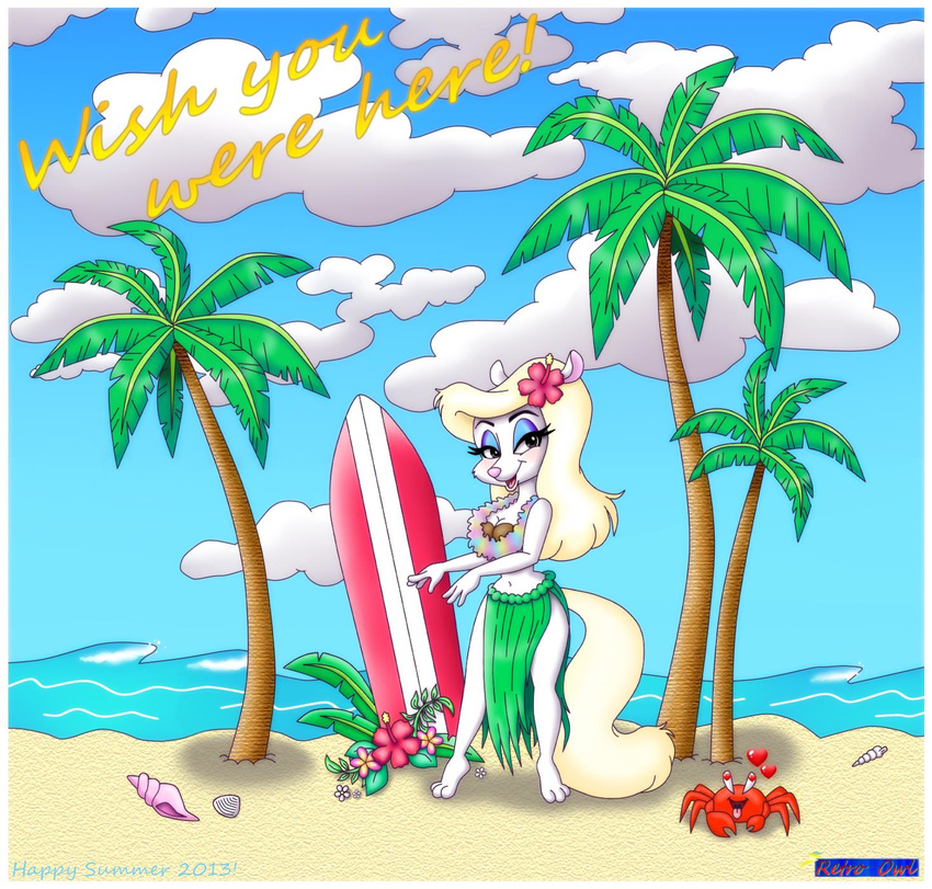 animaniacs arthropod beach bikini breasts cleavage clothed clothing coconut_bra crab crustacean female grass_skirt hawaii hula hula_dancer lei mammal marine minerva_mink mink mustelid navel palm_tree sea seaside surfboard swimsuit tight_clothing water