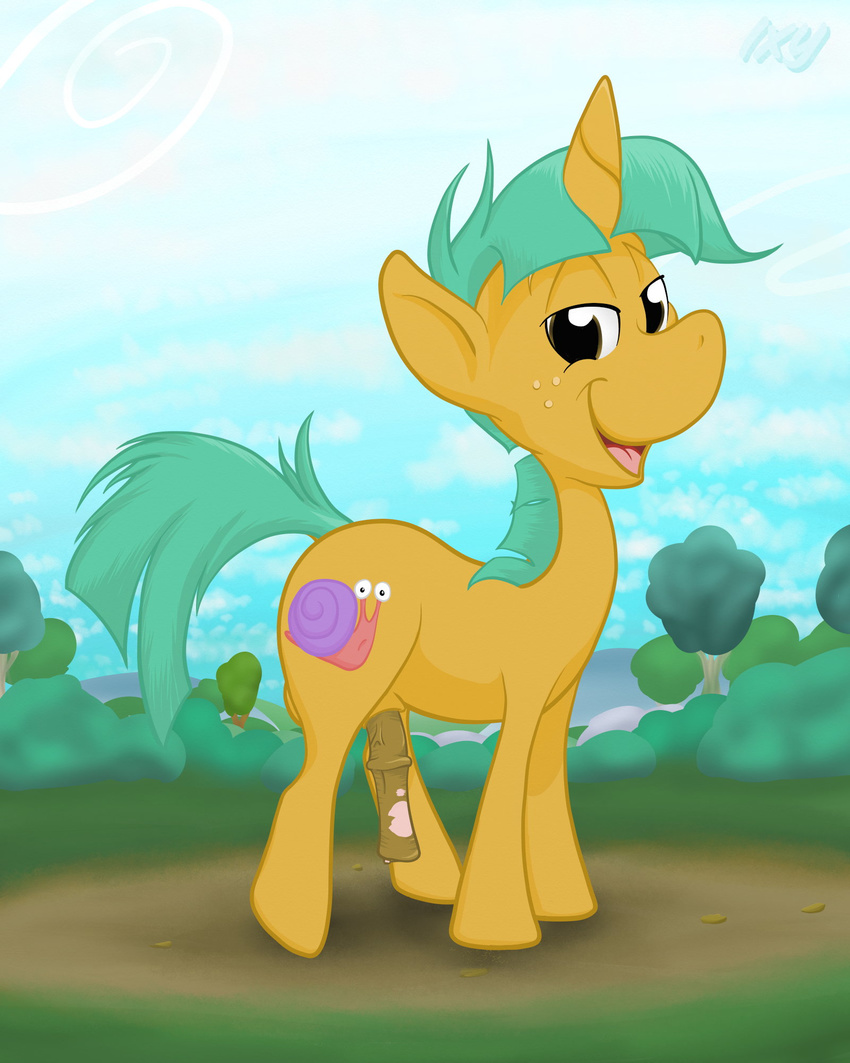 amber_eyes animal_genitalia cub cutie_mark equine feral friendship_is_magic fur green_hair hair horn horse horsecock ixbalam looking_at_viewer male mammal my_little_pony open_mouth outside penis pony sky smile snails_(mlp) solo tongue tree unicorn yellow_fur young