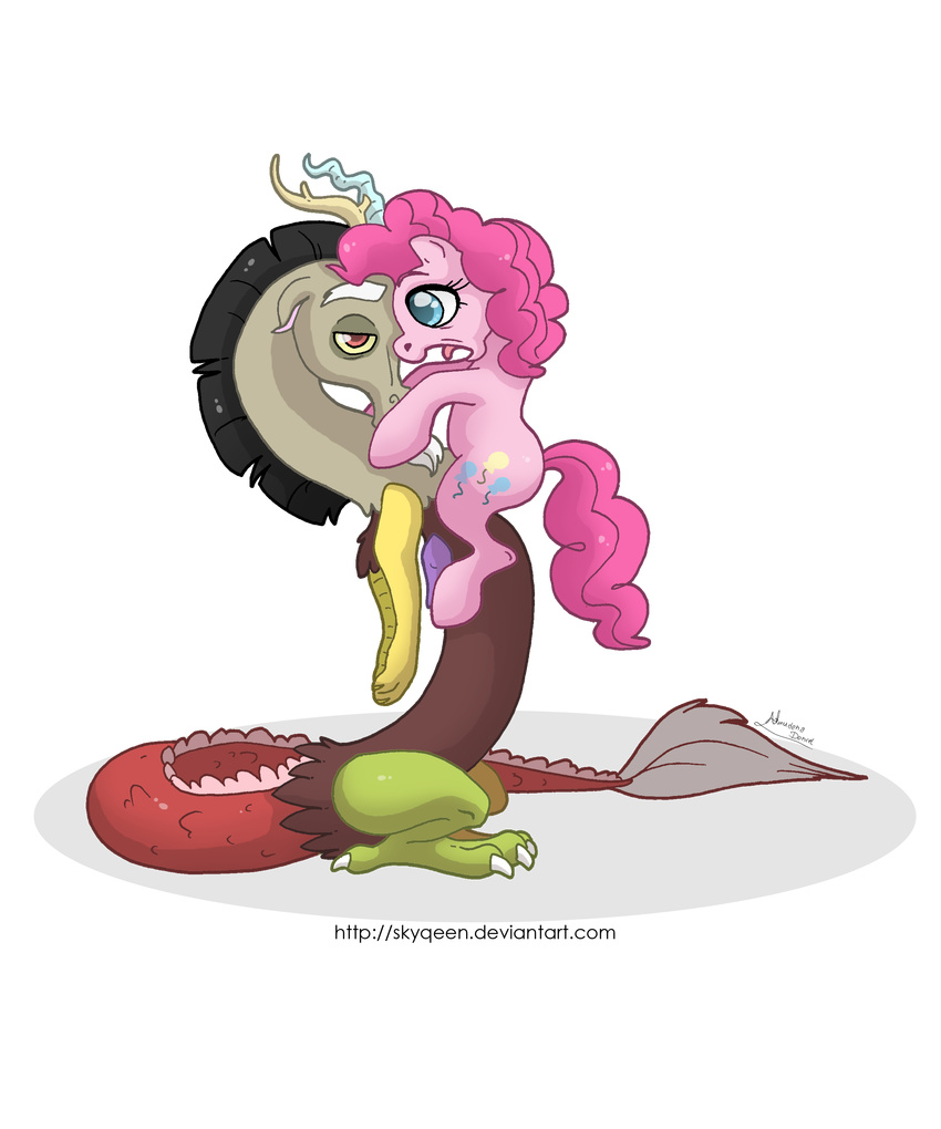 alpha_channel antler antlers cutie_mark discord_(mlp) draconequus duo equine female feral friendship_is_magic fur hair horn horse looking_at_viewer male mammal my_little_pony open_mouth pink_fur pink_hair pinkie_pie_(mlp) plain_background pony red_eyes skyqeen transparent_background wings