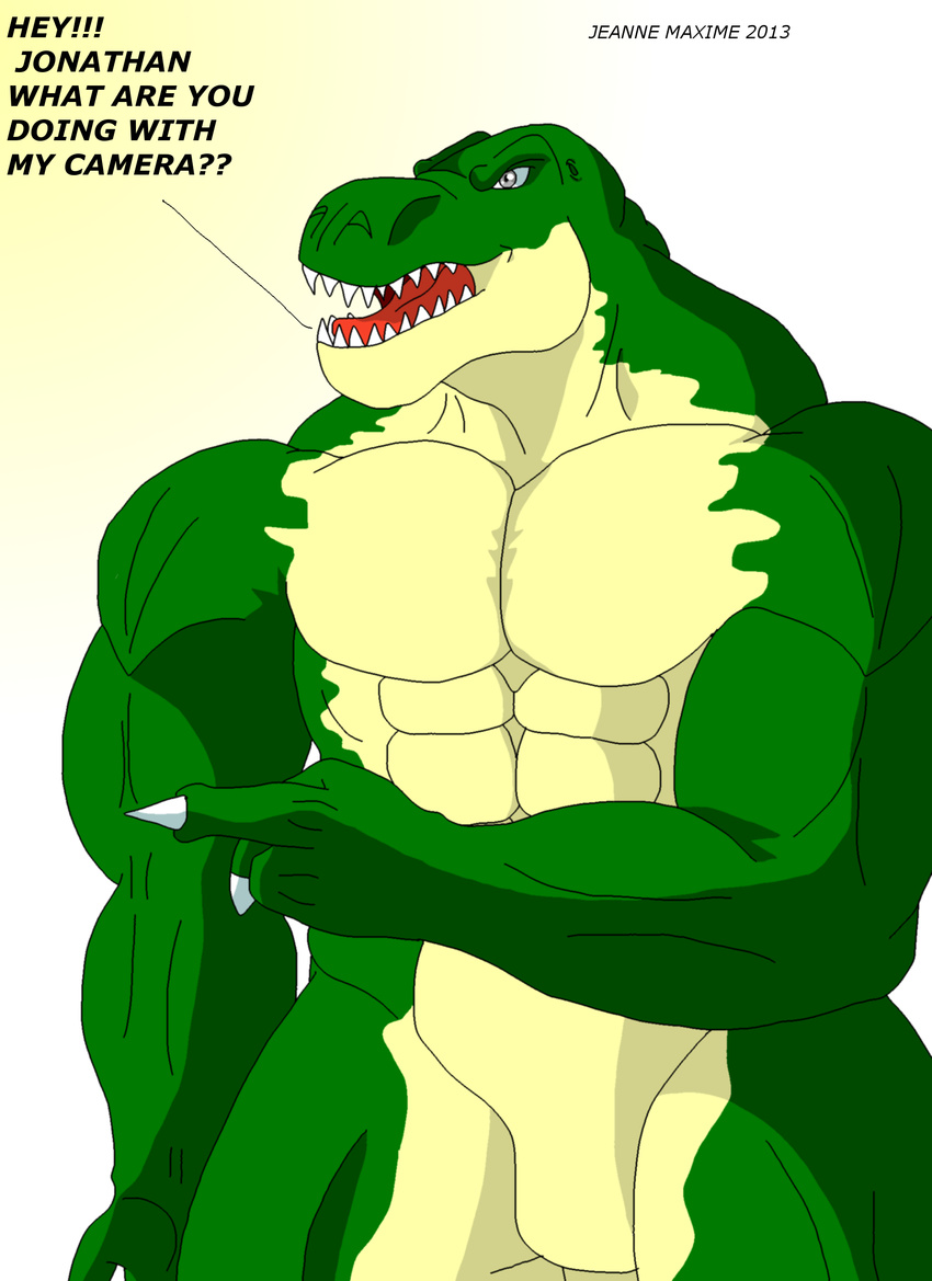 abs angry anthro biceps claws dialog dinosaur fangs flexing green_skin grey_eyes lizard male maxime-jeanne muscles nude open_mouth pecs pose reptile scales scalie solo standing teeth text theropod thomas_carter toned tongue tyrannosaurus_rex vein yellow_skin
