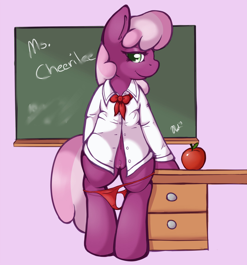 anthro anthrofied apple bow_tie chalkboard cheerilee_(mlp) clothed clothing desk english_text equine female friendship_is_magic fruit fur green_eyes hair half-closed_eyes horse looking_at_viewer mammal my_little_pony navel panties panties_down partially_clothed pink_background pink_hair plain_background pony purple_fur pussy ratofdrawn shirt signature smile solo text two_tone_hair underwear