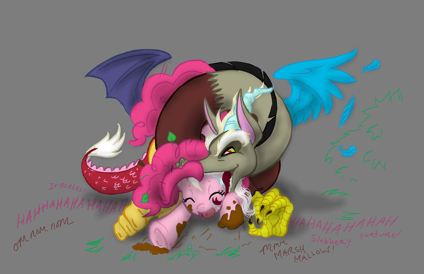 antler antlers blush discord_(mlp) draconequus duo english_text equine female feral friendship_is_magic fur hair horn horse male mammal my_little_pony open_mouth pink_eyes pink_fur pink_hair pinkie_pie_(mlp) pony red_eyes text wings zabchan