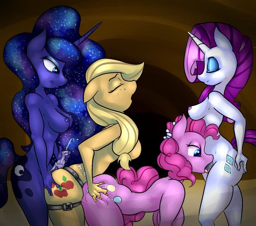 all_fours anthro anthrofied applejack_(mlp) blonde_hair blue_eyes blue_fur breasts cum cumshot cutie_mark dickgirl dildo doggystyle equine erection eyes_closed fellatio female freckles friendship_is_magic from_behind fur group hair heavyperscription horn horse hot_dogging intersex mammal my_little_pony nude open_mouth oral oral_sex orange_fur orgasm penetration penis pink_fur pink_hair pinkie_pie_(mlp) pony princess_luna_(mlp) rarity_(mlp) sex sex_toy smile spitroast strapon tongue unicorn