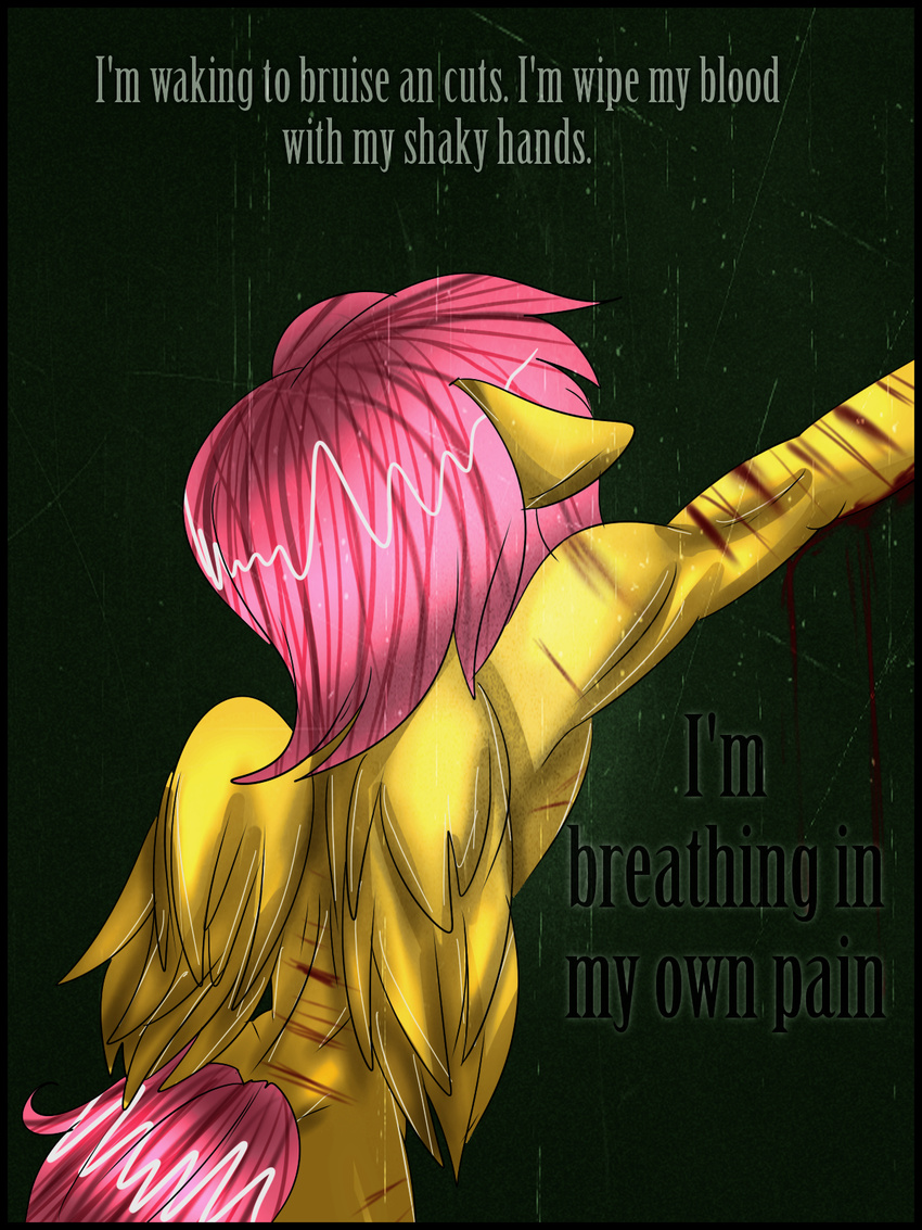 anthro anthrofied blood bruise crossgender english_text equine feathers floppy_ears fluttershy_(mlp) friendship_is_magic fur hair horse long_hair male mammal my_little_pony nude pegasus pink_hair pony sad simple_background text thepurplemaniac wings yellow_fur
