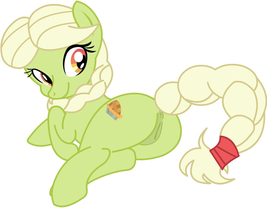 anus blonde_hair cutie_mark equine female feral friendship_is_magic fur granny_smith_(mlp) green_fur hair horse lying mammal my_little_pony plain_background pony pussy smile solo white_background zinnthos