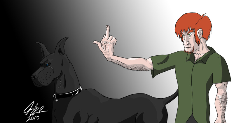 angry bite_mark canine collar dog feral hair human keiji22 male mammal middle_finger orange_hair scar scooby-doo scooby-doo_(series) shaggy_rogers