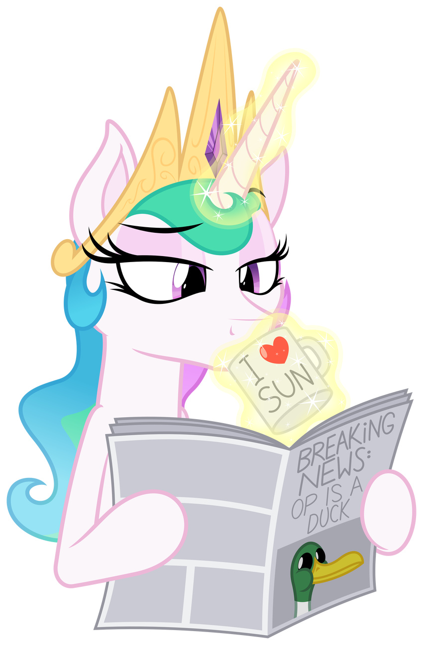 &lt;3 absurd_res alpha_channel avian crown cup drinking duck english_text equine female friendship_is_magic glowing gold hair hi_res horse levitation magic mammal mug multi-colored_hair my_little_pony newspaper plain_background pony princess princess_celestia_(mlp) purple_eyes reading royalty sitting solo sparkles text transparent_background zutheskunk