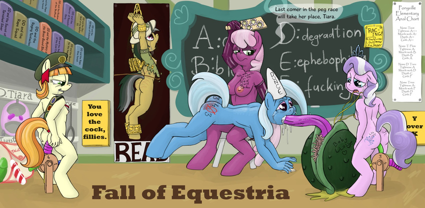 anthro anthrofied bdsm bondage bound breasts chalkboard cheerilee_(mlp) clothing cub cum cum_in_mouth cum_inside cutie_mark daring_do_(mlp) dialog diamond_tiara_(mlp) drooling equine fall_of_equestria female friendship_is_magic fur ginger_snap_(mlp) green_eyes group hair hat horn horse insertion inside mammal my_little_pony nipples nude oral paddle penetration pony purple_eyes purple_fur saliva sex_toy sitting smudge_proof spanking tears tentacle_monster text trixie_(mlp) two_tone_hair unicorn wipe young