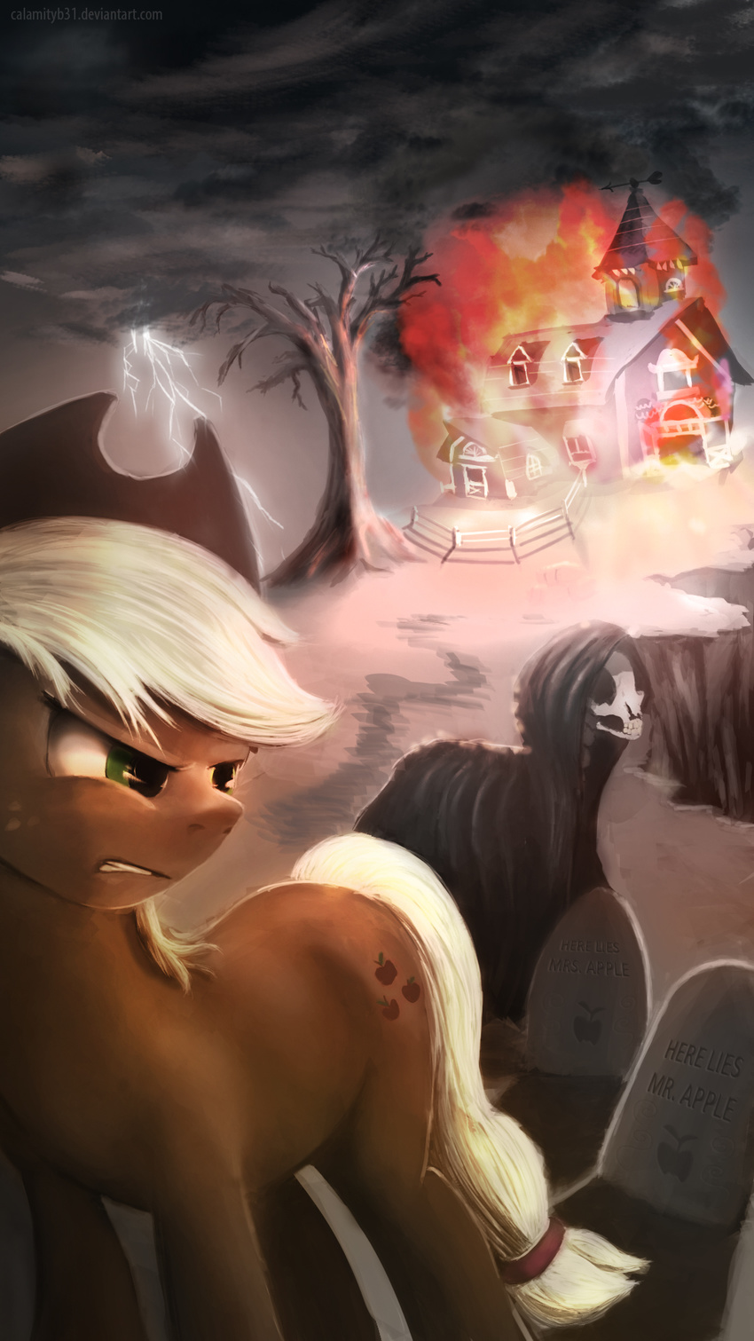 angry applejack_(mlp) barn blonde_hair bone calamityb31 clothing cowboy_hat cutie_mark death death_(personification) door doorway duo equine female feral fire flames freckles friendship_is_magic frown fur grass grave green_eyes grim_reaper hair hat hay hill horse lighting lightning looking_back mammal my_little_pony open_mouth pony robe sad shadow skeleton skull spine storm storm_clouds teeth tombstone tree undead vertebrae weathervane window