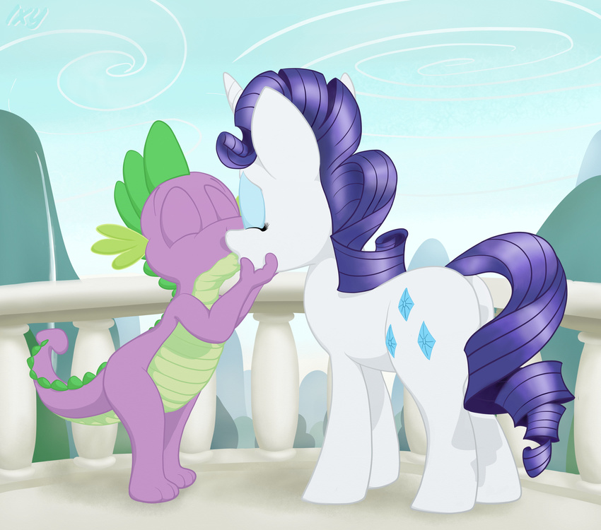 anthro butt couple cub cutie_mark dragon duo equine eyes_closed eyeshadow female feral friendship_is_magic fur hair hi_res horn horse ixbalam kissing makeup male mammal my_little_pony outside pony purple_body purple_hair railing rarity_(mlp) sky spike_(mlp) unicorn white_fur young