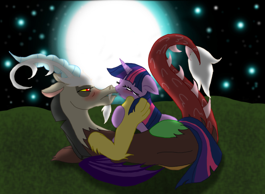 alpha_channel antler antlers blush cdla discord_(mlp) draconequus duo equine eyes_closed female feral friendship_is_magic fur hair half-closed_eyes horn horse lying male mammal moon multi-colored_hair my_little_pony night on_side outside plain_background pony purple_eyes purple_fur purple_hair straight transparent_background twilight_sparkle_(mlp) unicorn