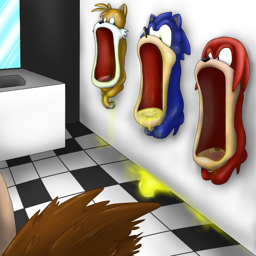 canine fox hedgehog kanada kayllik knuckles_the_echidna mammal miles_prower nightmare_fuel peeing sega sonic_(series) sonic_the_hedgehog tails urinal urine what