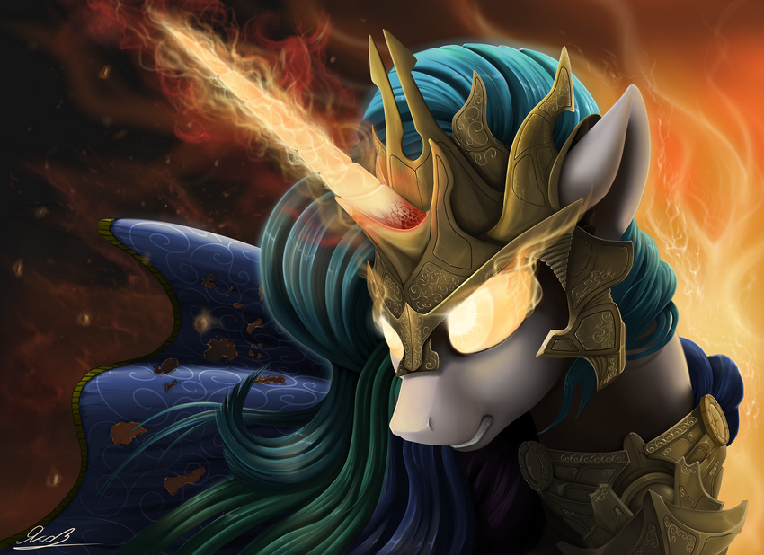 armor equine female feral fire flames friendship_is_magic glowing glowing_eyes hair helmet hi_res horn horse mammal multi-colored_hair my_little_pony pony portrait princess princess_celestia_(mlp) purple_eyes royalty signature solo unicorn yakovlev-vad yellow_eyes yellow_sclera