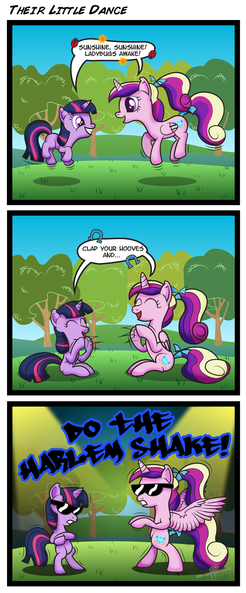 bow comic cub cutie_mark dialog duo english_text equine eyes_closed eyewear female feral friendship_is_magic fur grass gray--day hair hill horn horse horseshoe insect jumping ladybug long_hair mammal multi-colored_hair my_little_pony open_mouth outside pony ponytail pose princess princess_cadance_(mlp) purple_eyes purple_hair royalty shadow sitting sky smile solo spotlight standing sun sunglasses teeth text tree twilight_sparkle_(mlp) unicorn winged_unicorn wings young