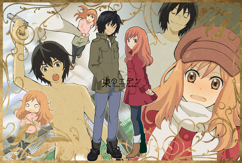 1girl black_hair blush boots brown_eyes cabbie_hat closed_eyes coat gun hat hazuki_(pacco) higashi_no_eden holding_hands morimi_saki nude orange_hair pants pantyhose scarf shadow skirt smile sweater takizawa_akira weapon