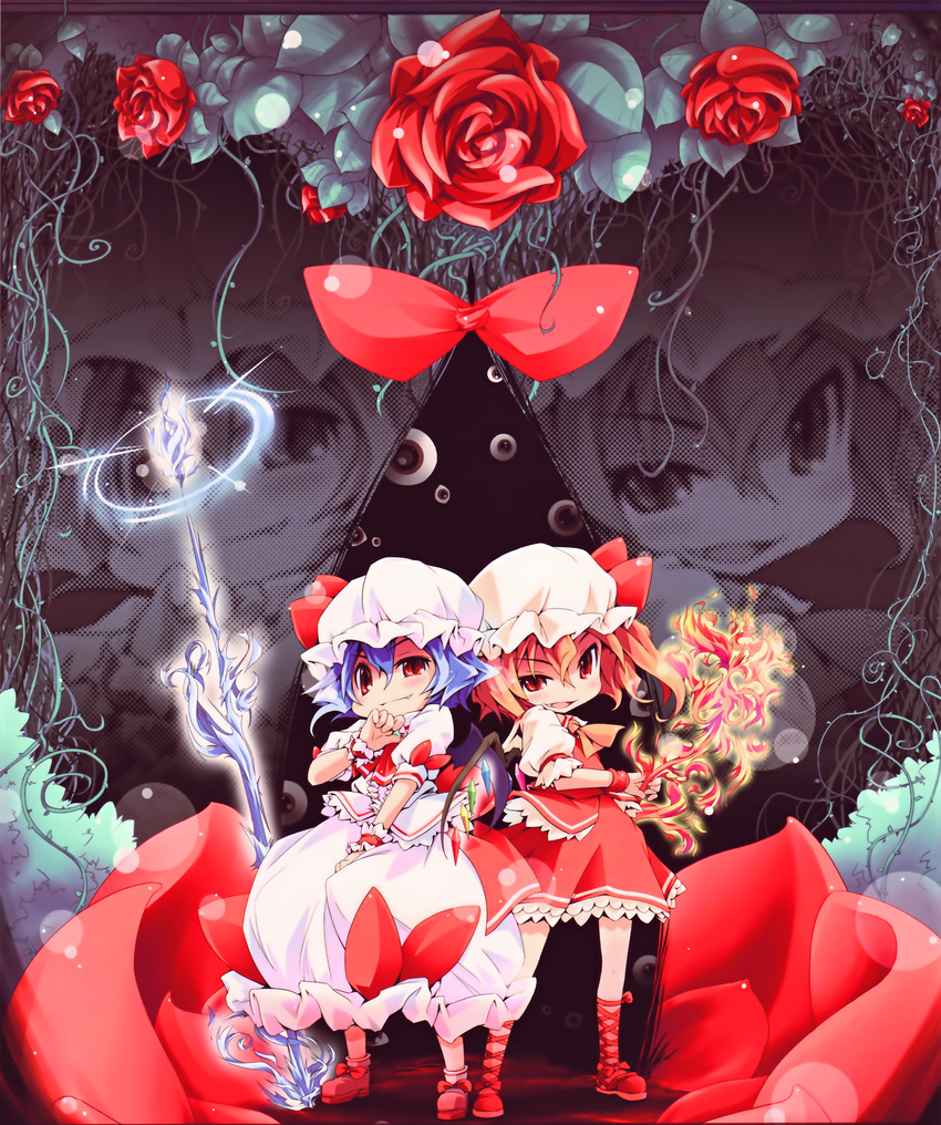 absurdres blonde_hair blue_hair chibi dress fire flandre_scarlet flower frills ham_(points) hat highres huge_filesize multiple_girls one_side_up red_eyes remilia_scarlet ribbon rose siblings sisters skirt smile spear_the_gungnir touhou zoom_layer