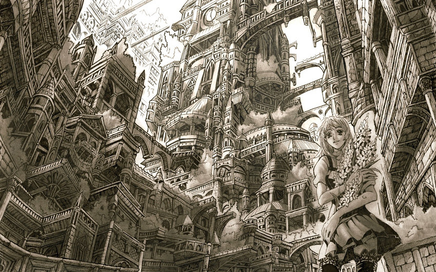 bad_id bad_pixiv_id building city dress flower mita_mitauzo monochrome original scenery sepia skirt solo