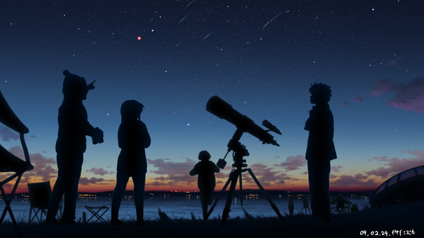 2girls astronomy bad_id bad_pixiv_id cloud grass isai_shizuka multiple_boys multiple_girls night original sky star_(sky) stargazing starry_sky telescope