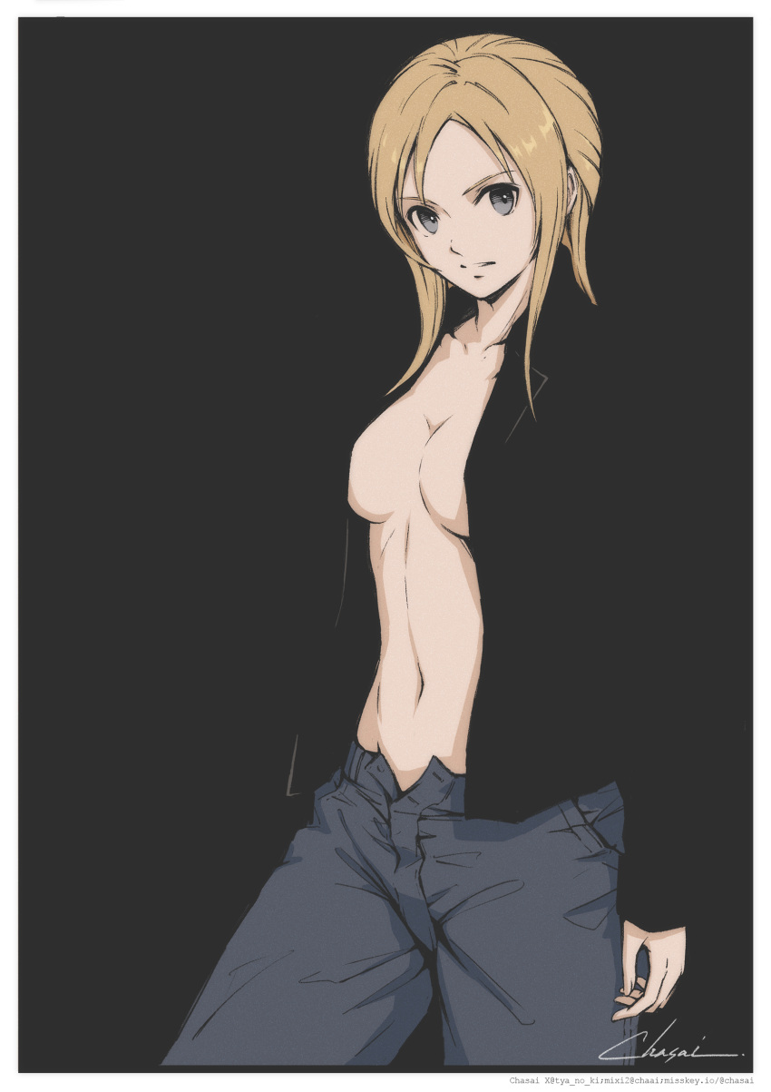 1girl absurdres aya_brea black_background blonde_hair breasts grey_eyes highres jacket long_hair looking_at_viewer navel no_bra open_clothes open_fly open_jacket parasite_eve_(series) simple_background solo tyanoki
