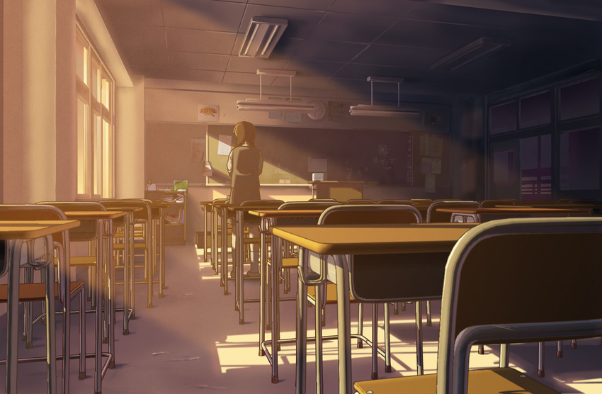 chair chalkboard classroom desk fluorescent_lamp indoors isai_shizuka light_rays original scenery school school_desk school_uniform sunbeam sunlight sunset vanishing_point window