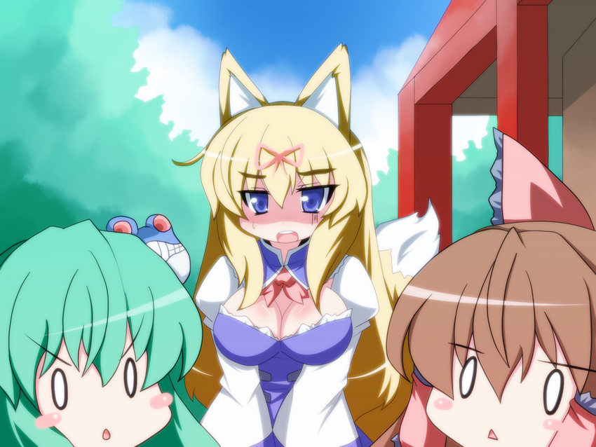 animal_ears blonde_hair blush blush_stickers breasts brown_hair cleavage fox_ears fox_tail green_hair hair_ribbon hakurei_reimu highres kemonomimi_mode kochiya_sanae large_breasts multiple_girls oborotsuki_kakeru ribbon tail touhou yakumo_yukari