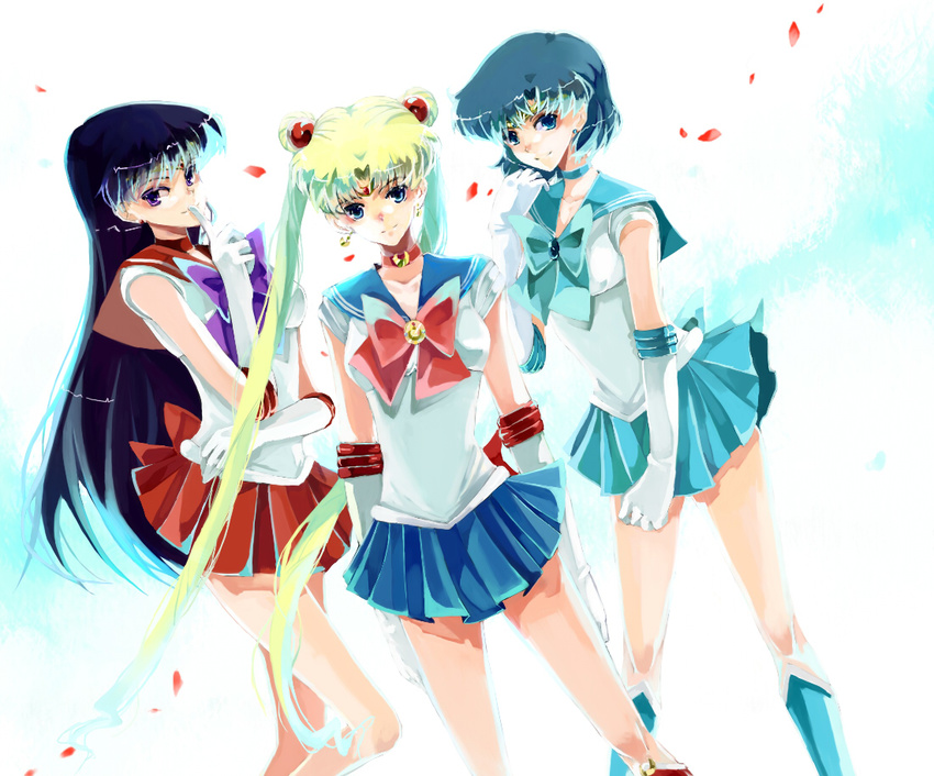 aqua_eyes back_bow bad_id bad_pixiv_id bishoujo_senshi_sailor_moon black_hair blonde_hair blue_choker blue_footwear blue_hair blue_sailor_collar blue_skirt boots bow choker double_bun earrings elbow_gloves gloves hino_rei inner_senshi jewelry knee_boots long_hair magical_girl mizuno_ami multiple_girls nako_(nonrain) petals purple_eyes red_bow red_choker red_sailor_collar red_skirt sailor_collar sailor_mars sailor_mercury sailor_moon sailor_senshi sailor_senshi_uniform short_hair skirt tiara tsukino_usagi twintails very_long_hair white_gloves