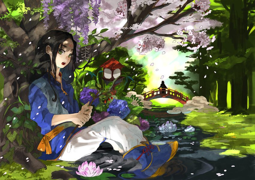 black_hair cherry_blossoms forest grass green_eyes kyouichi long_hair male original tree water