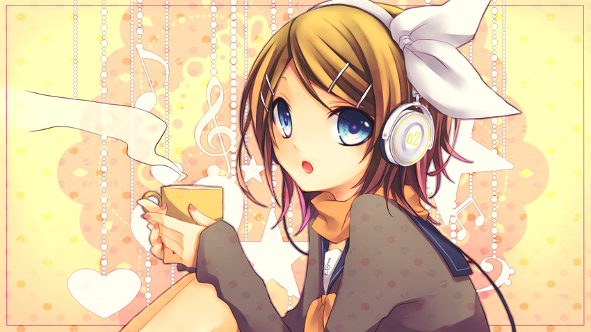 drink headphones kagamine_rin kuroi_(liar-player) scarf vocaloid yellow