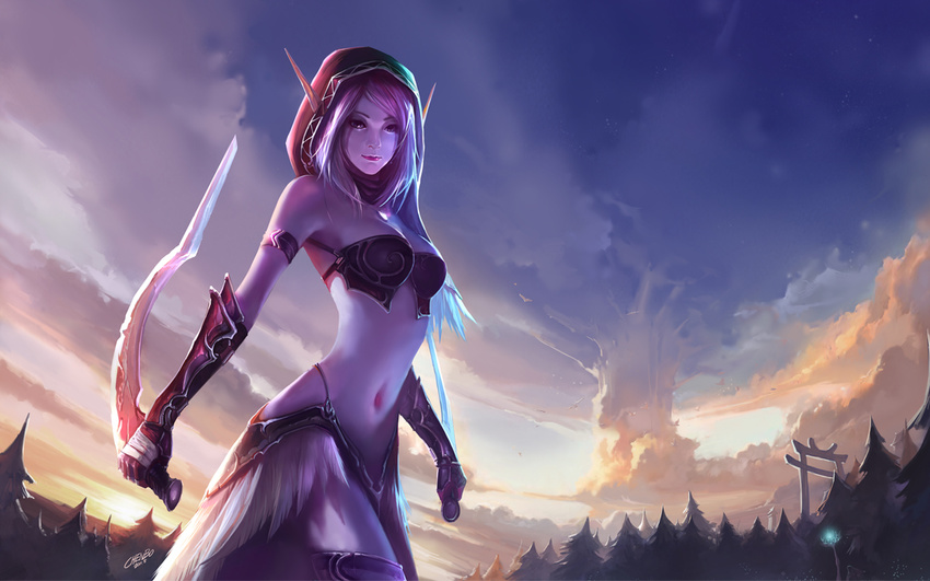 armor bikini_armor chenbo dated dual_wielding elf forest gauntlets holding holding_weapon hood midriff nature navel night_elf outdoors pink_hair pointy_ears signature sky solo sword sylvanas_windrunner tree warcraft weapon world_of_warcraft