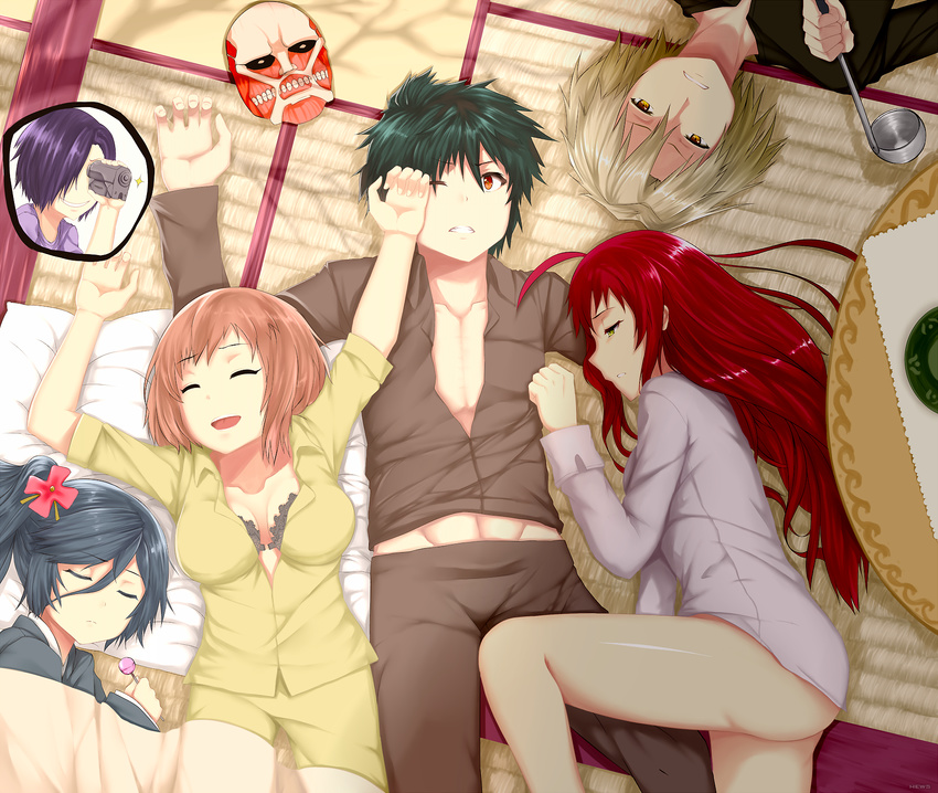 3girls ahoge ashiya_shirou black_bra black_hair bottomless bra breasts brown_eyes brown_hair camcorder candy closed_eyes colossal_titan commentary dress_shirt food from_above green_hair hair_ornament hair_over_one_eye hataraku_maou-sama! hews_hack highres kamazuki_suzuno ladle large_breasts leg_between_thighs lollipop long_hair lying maou_sadao mask mixed_harem multiple_boys multiple_girls naked_shirt on_back on_side pajamas purple_hair red_eyes red_hair sasaki_chiho season_connection shingeki_no_kyojin shirt side_ponytail sleeping tatami thighs underwear urushihara_hanzou wince yellow_eyes yusa_emi