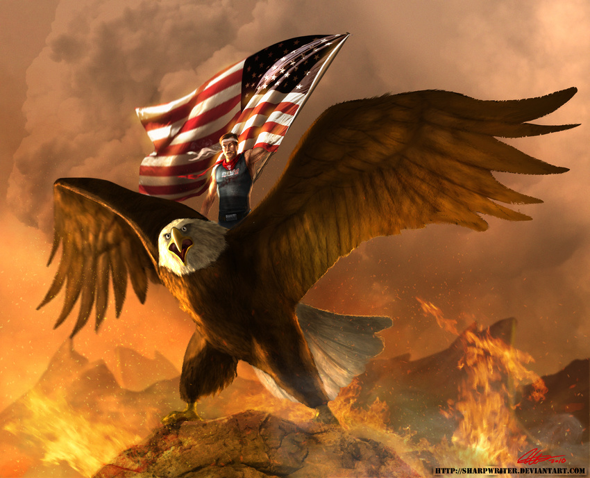 absurd_res american_flag avian bird cloud clouds eagle feather feathers fire hi_res human lava male mammal open_mouth sharpwriter sky smoking stephen_colbert tattoo teeth tongue tooth volcano warm_colors what