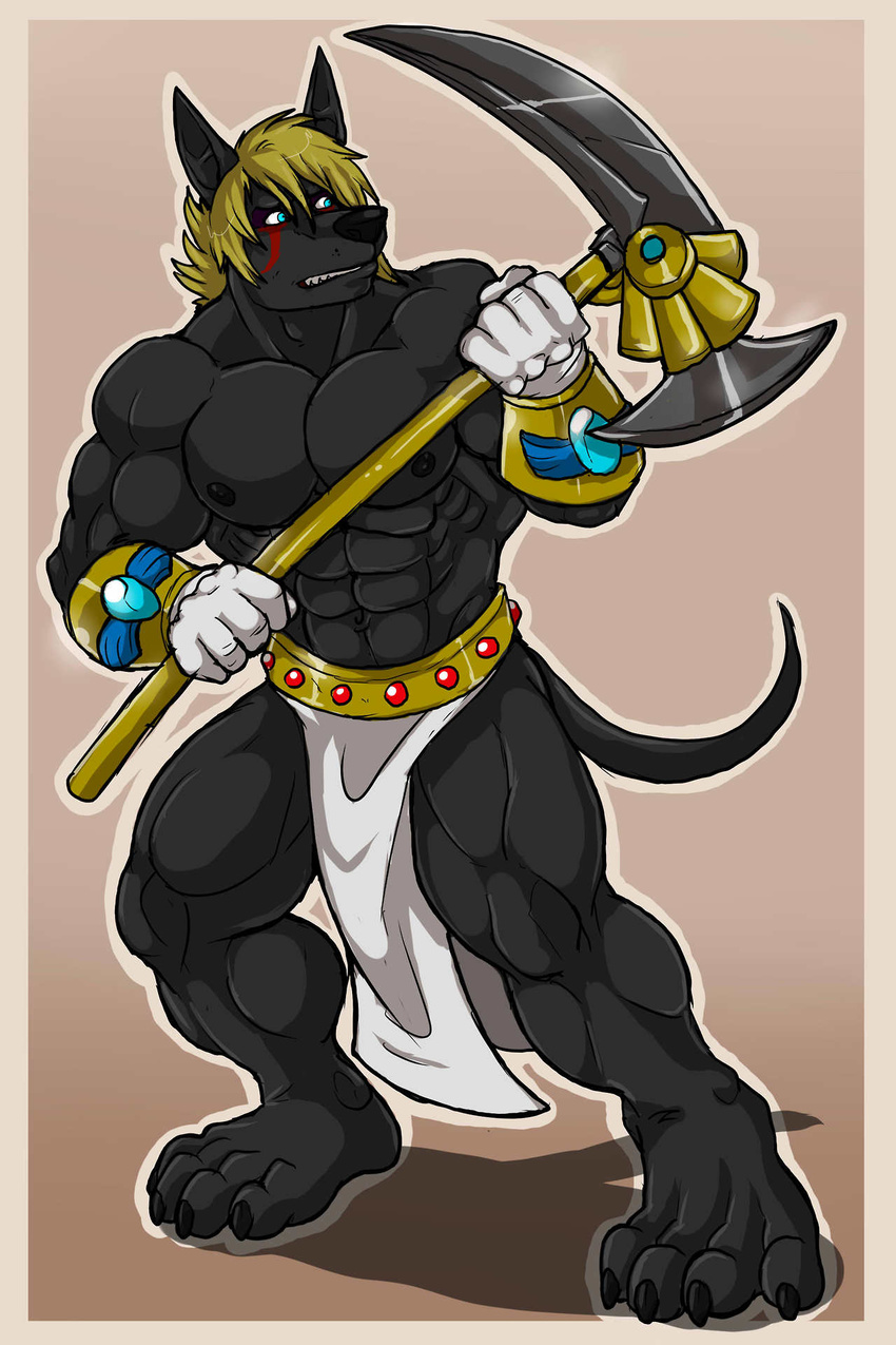 abs anthro anubian_jackal armor arody beefcake belt biceps big_muscles black_fur black_nipples black_nose blonde_hair blue_eyes bracelet brown_background canine claws clothed clothing fangs fur hair half-dressed jackal jewelry loincloth male mammal muscles mutant_serpentina nipples pecs plain_background pose scythe solo standing teeth toe_claws toned topless weapon