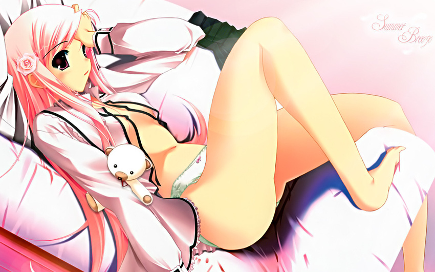 aoi_mikan breasts jpeg_artifacts long_hair lucy_maria_misora navel no_bra open_shirt panties pink_hair teddy_bear to_heart_2 underwear