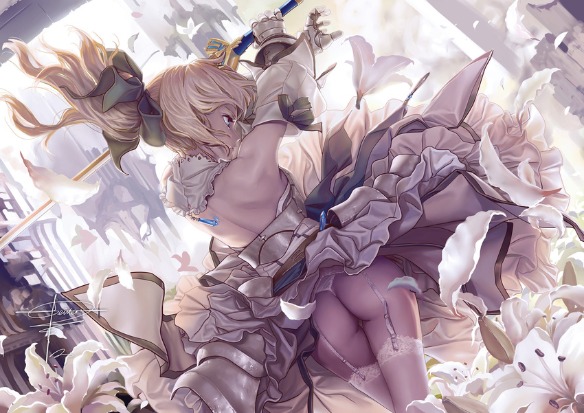 armor ass blonde_hair dress fate/stay_night flowers garter_belt geister long_hair panties ponytail ribbons saber saber_lily signed sword thighhighs underwear weapon