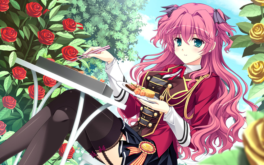 ankoromochi flowers food game_cg ichijouji_yura long_hair red_hair rose shitsuji_ga_aruji_wo_erabu_toki stockings