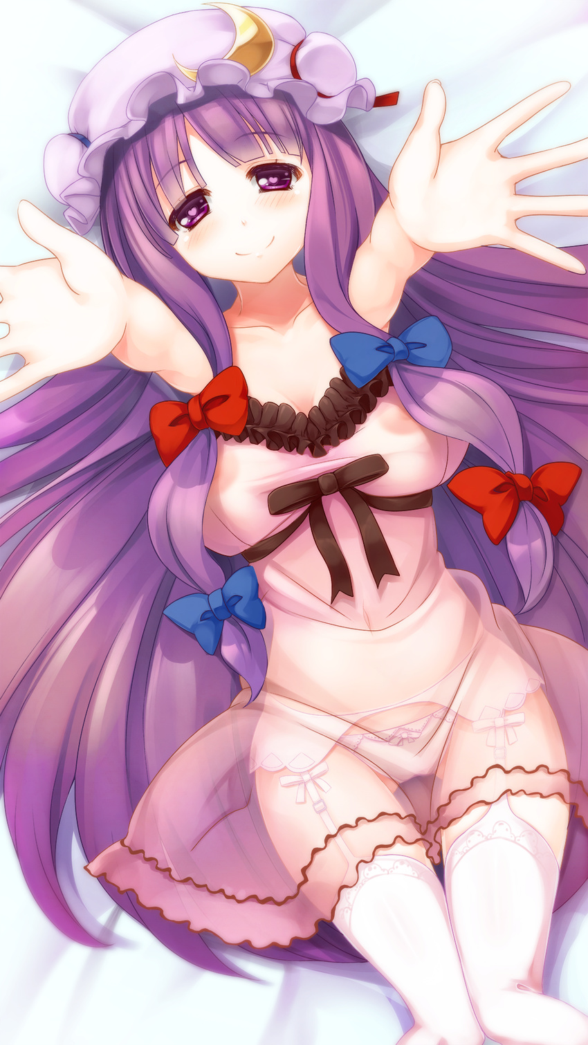 breasts crescent garter_straps hair_ribbon hat heart heart-shaped_pupils highres large_breasts long_hair looking_at_viewer lying on_back outstretched_arms patchouli_knowledge purple_hair ribbon see-through smile solo sorano_(12gou) symbol-shaped_pupils thighhighs touhou white_legwear