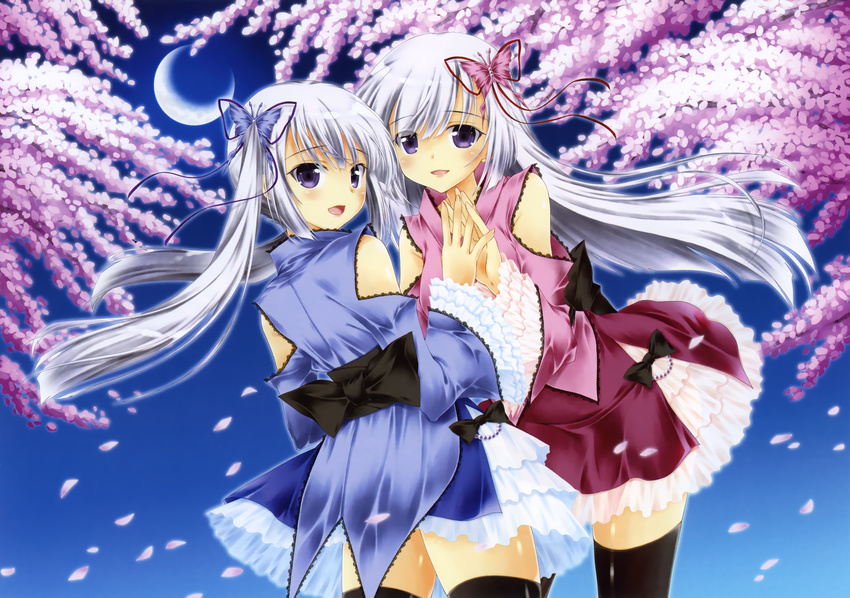 2girls cherry_blossoms gray_hair lolita_fashion long_hair moon original petals purple_eyes sasahiro thighhighs twins