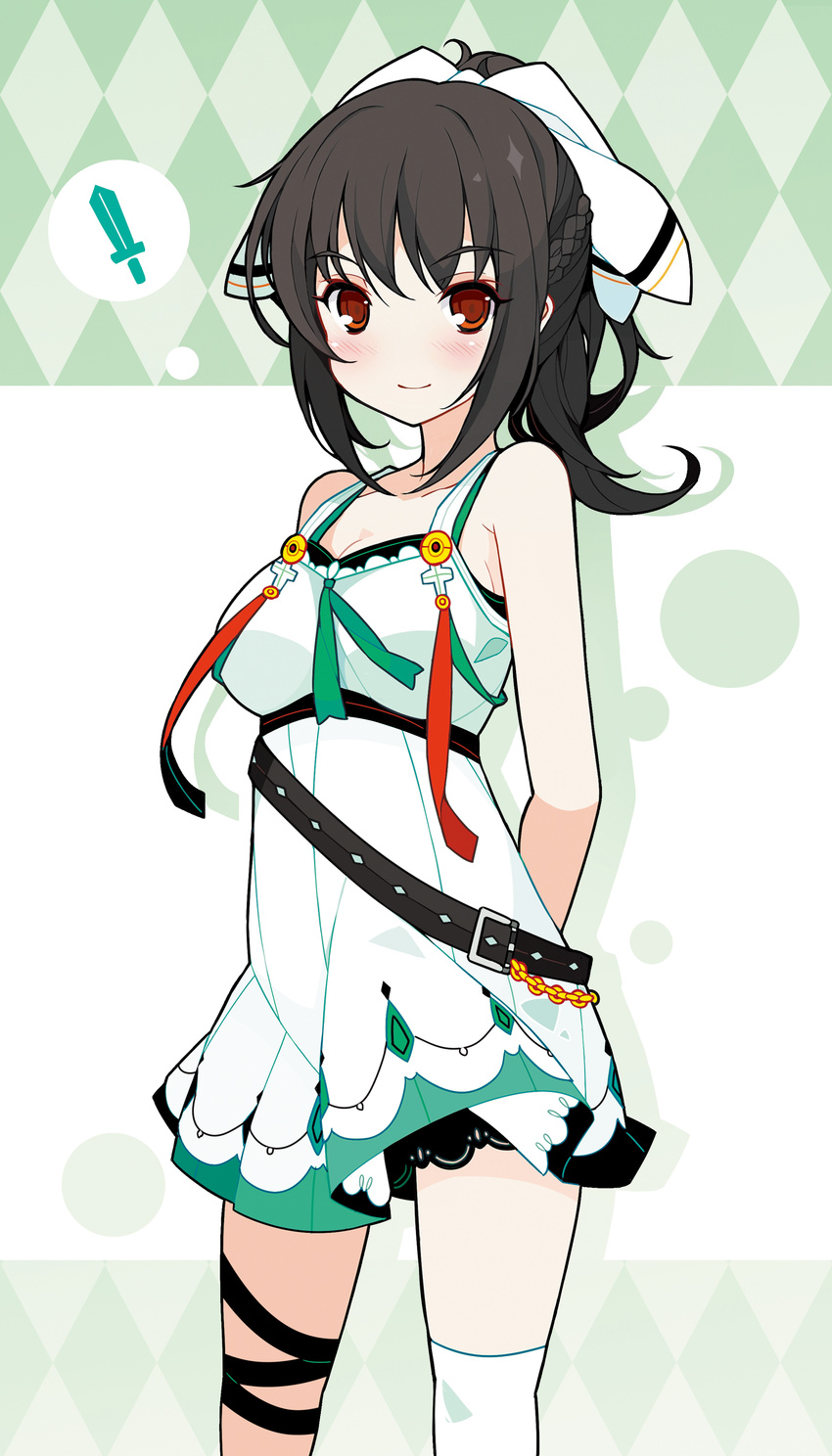 absurdres arms_behind_back black_hair blush breasts character_request cleavage copyright_request dress half_updo highres ideolo looking_at_viewer medium_breasts no_nose ponytail red_eyes single_thighhigh smile solo standing thigh_strap thighhighs white_dress white_legwear